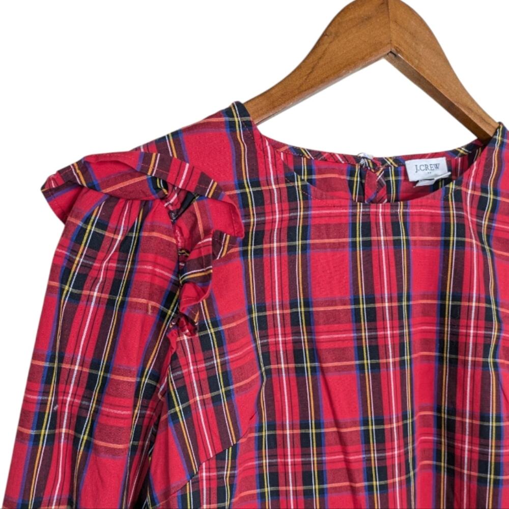 J. Crew Red Tartan Plaid Ruffle Flutter Shoulder Top XS Long Sleeve AT885